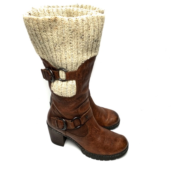 B.O.C. leather knee high boots thick woven sock edge chunky block heel Sz 8.5 - Picture 2 of 8